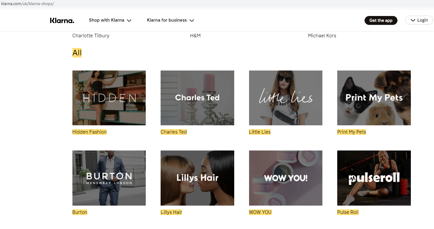 Extract names of all shops on klarna